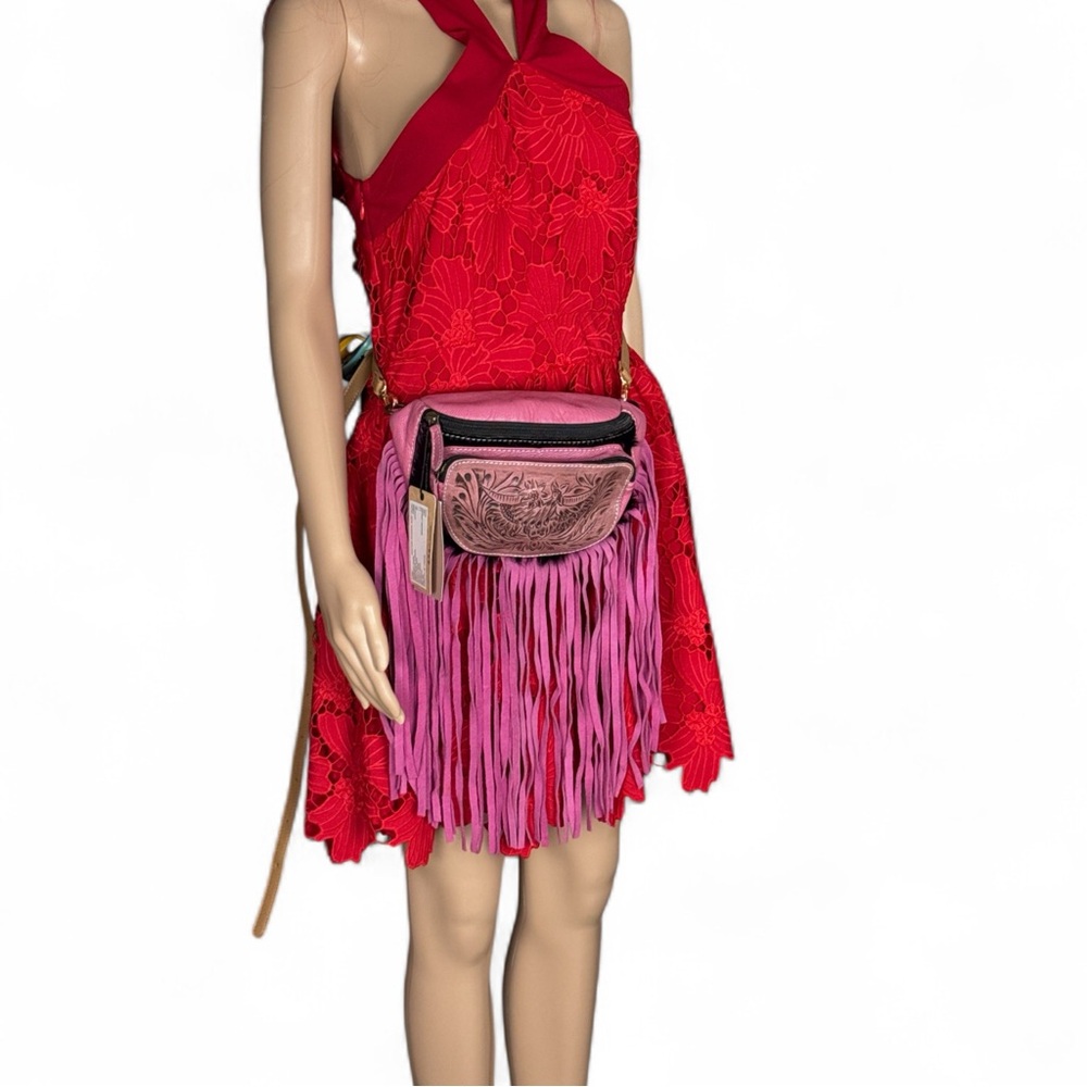 Merbaa Western Wonders Waist Pouch Pink Hand Tooled Leather Fringe And Fur